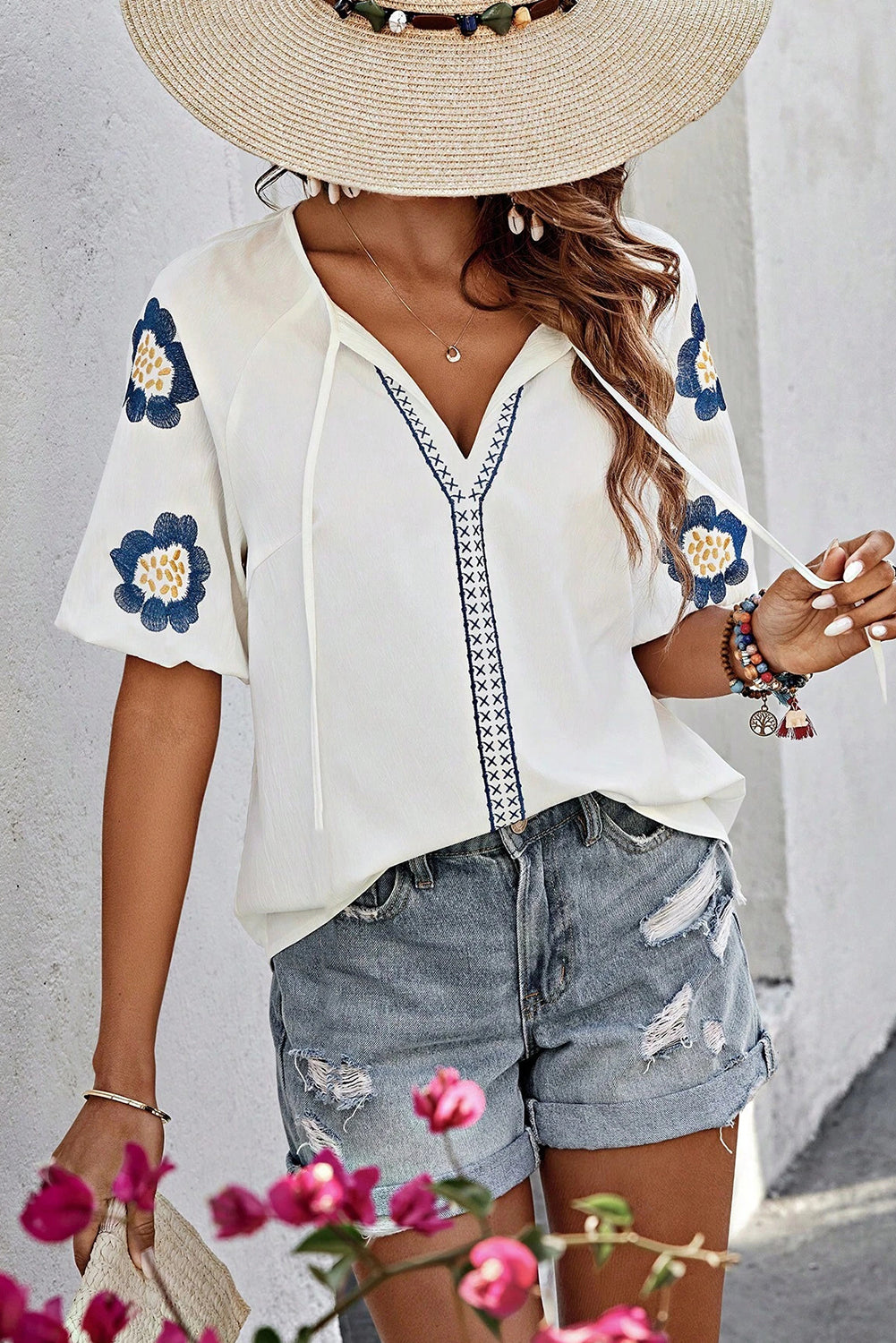 Navy Blue Embroidered Flower V Neck Elegant Half Sleeve Blouse