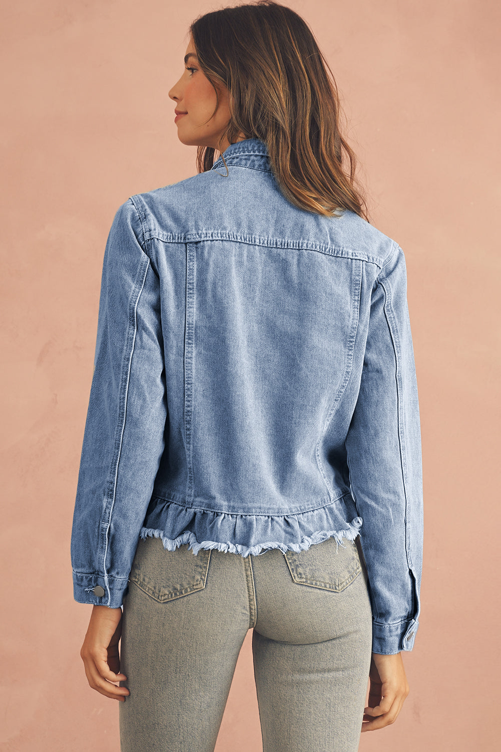 Navy Blue Ruffle Raw Hem Flap Pockets Denim Jacket