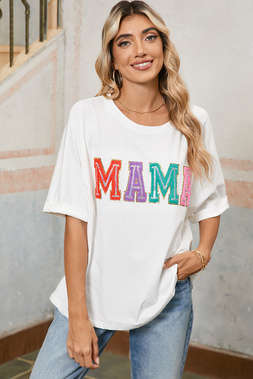 White MAMA Chenille Patched Crew Neck T Shirt