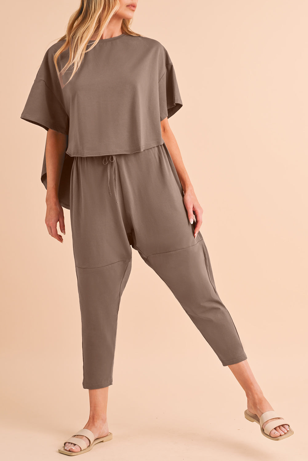 Taupe Batwing Sleeve High Low Tee and Drawstring Crop Pants Set