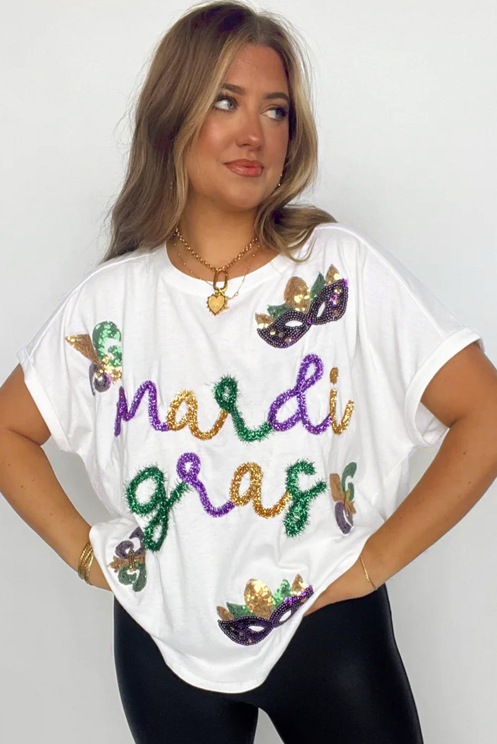 White Mardi Gras Tinsel Sequin Graphic T Shirt