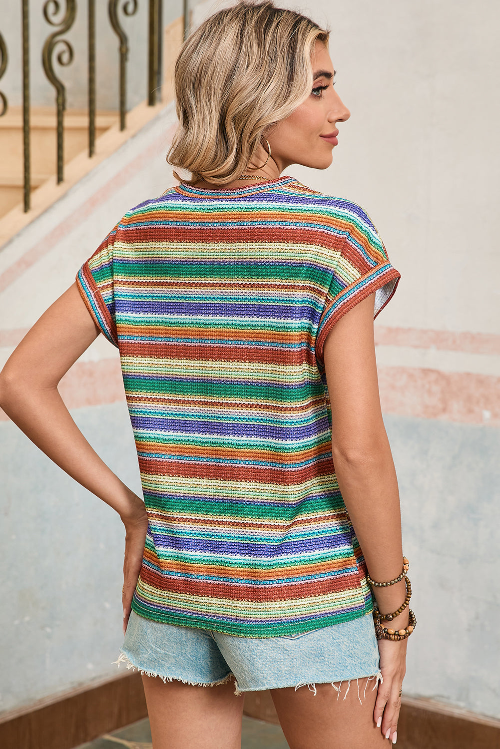 Multicolour Striped Twisted Hem Boho T-Shirt