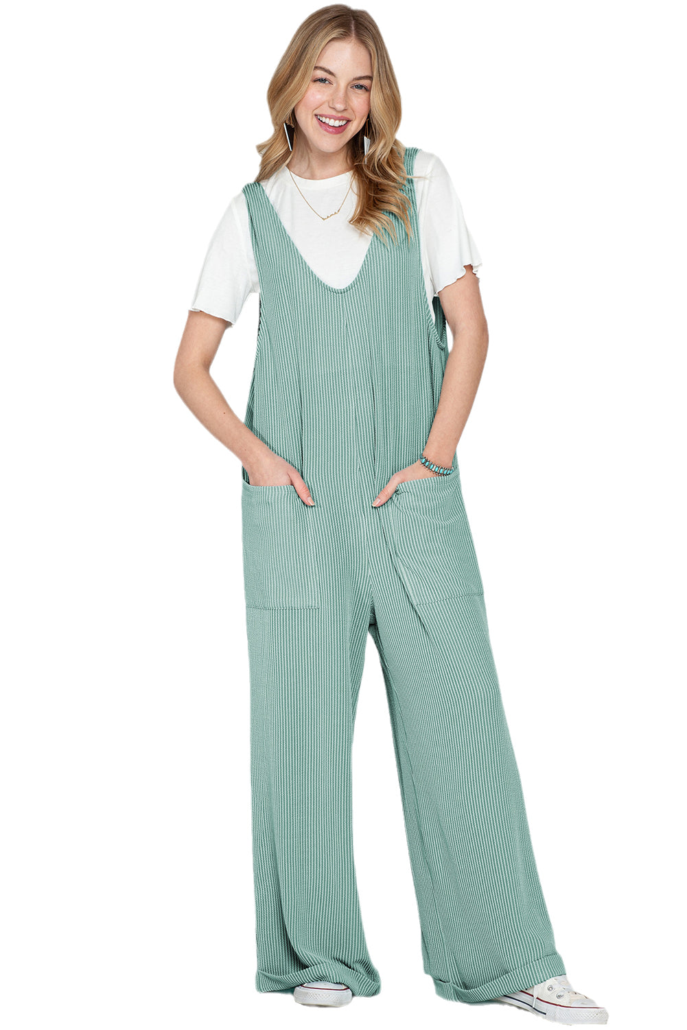 Green Pockets Oversized Ribbed Wide Leg Jumpsuit