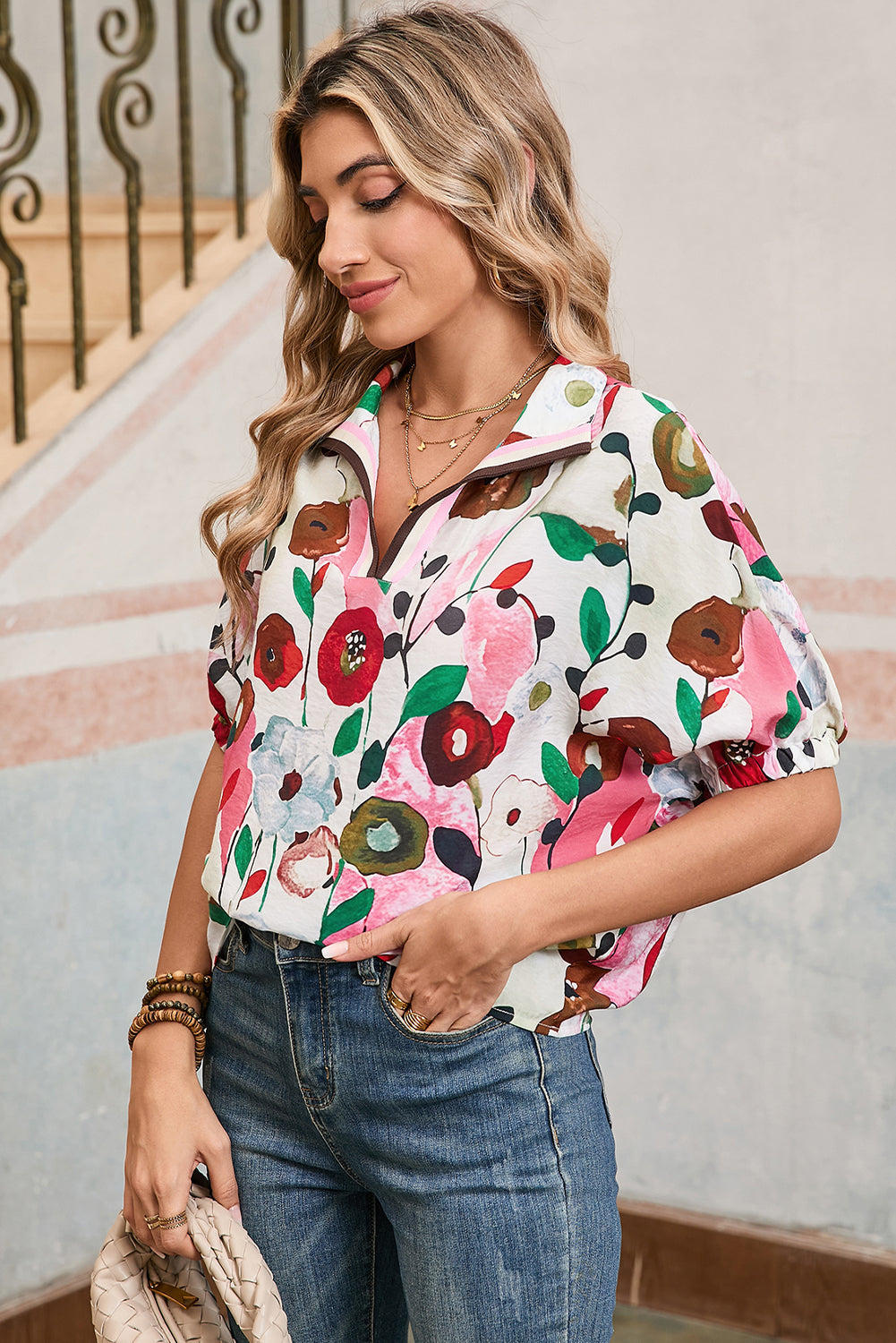 Light Blue V-Neck Floral Print Boho Blouse