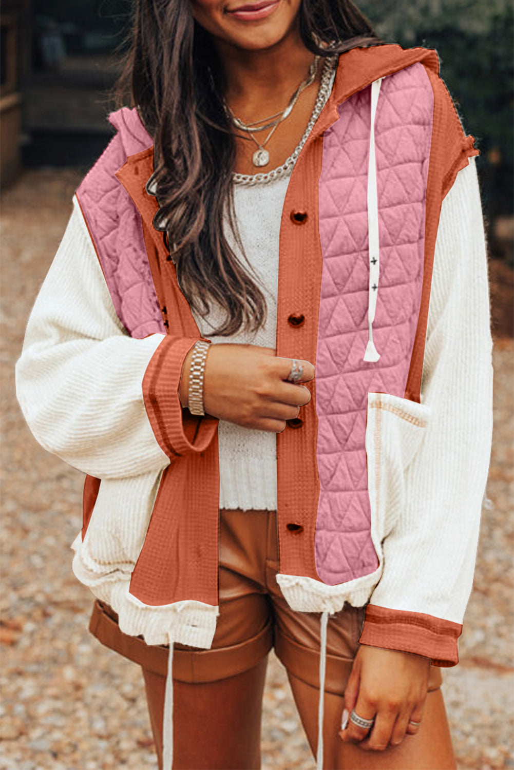 Beige Quilted Textured Patchwork Hooded Jacket