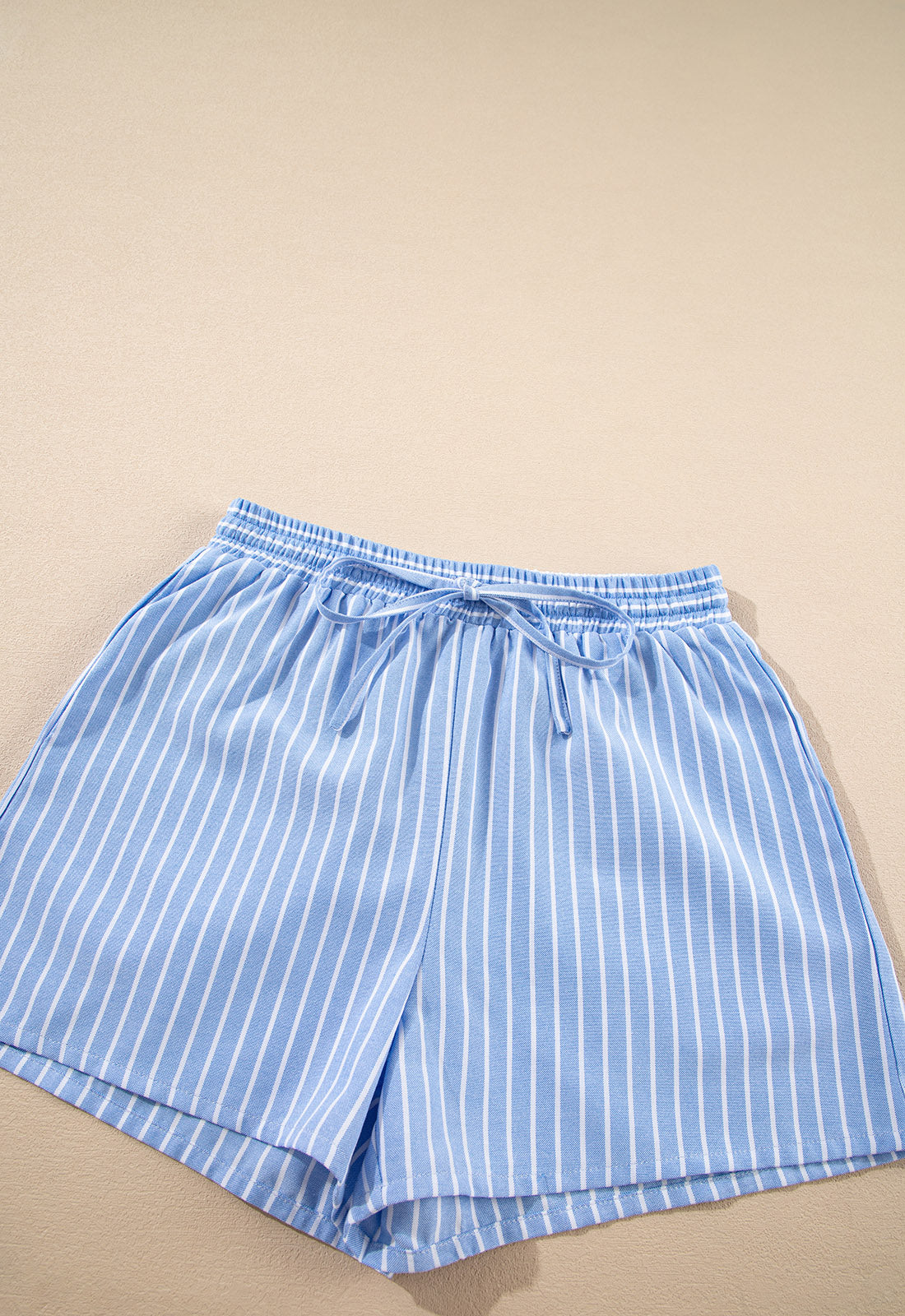 Sky Blue Striped Bow Tie Front Blouse and Drawstring Shorts Set