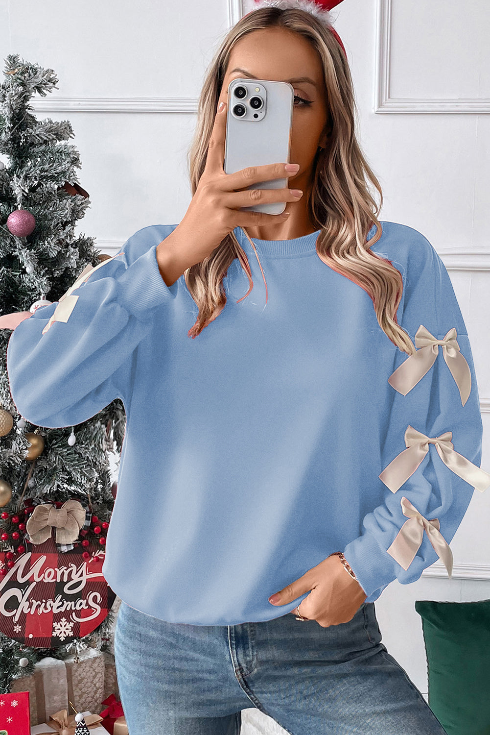 Myosotis Sweet Bowknot Round Neck Sweatshirt