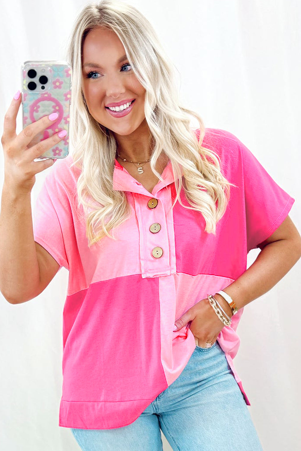 Pink Colorblock Half Buttons Henley T Shirt