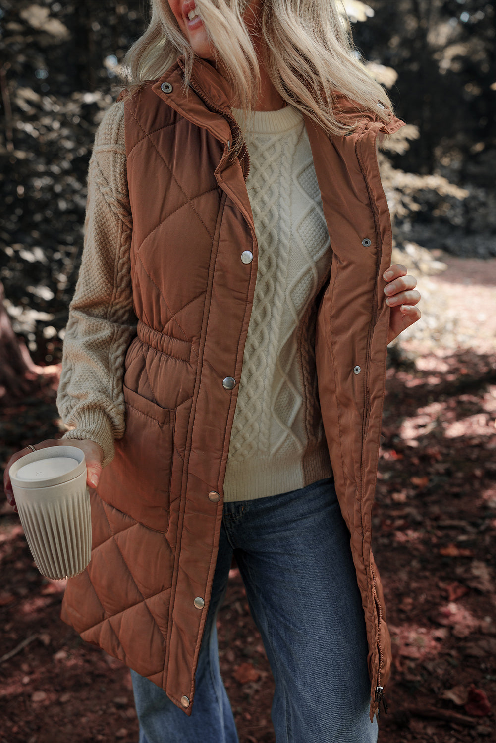 Coffee Puffer Quilted Stand Collar Pocketed Vest Coat