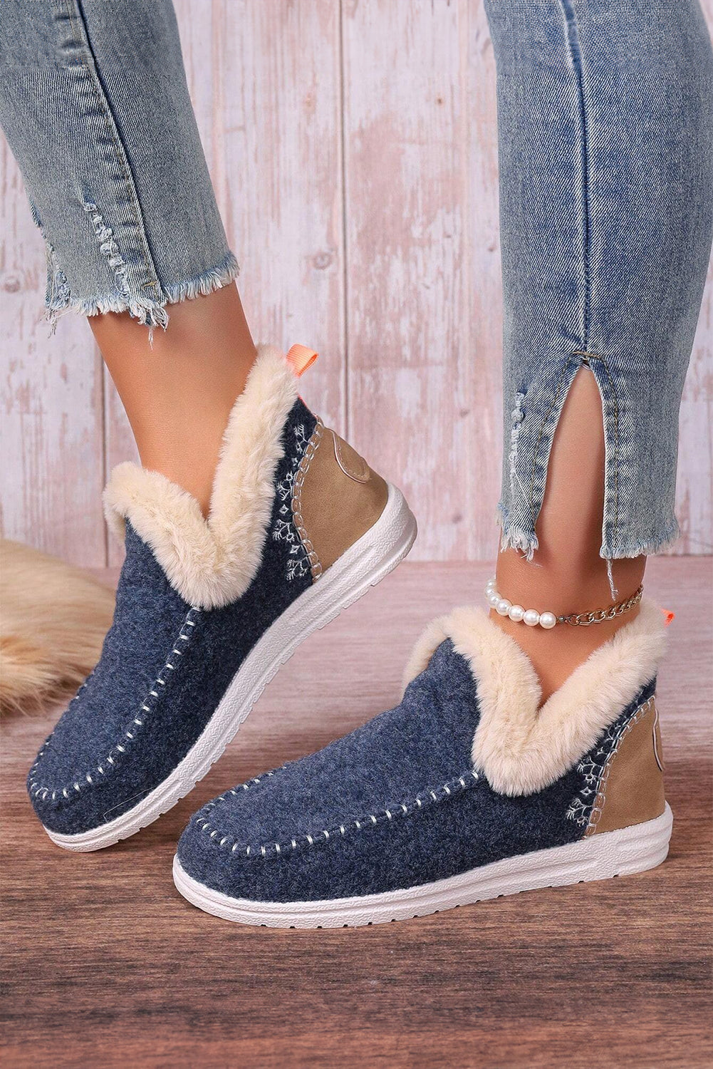 Coffee Suede Stitching Patchwork Plush Lined Anklet Boots