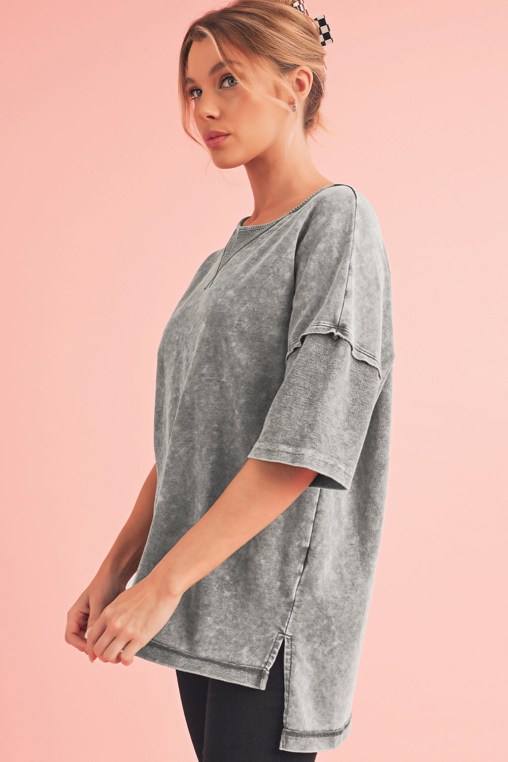 Strawberry Pink Mineral Wash Exposed Seam Drop Shoulder Oversized Tee