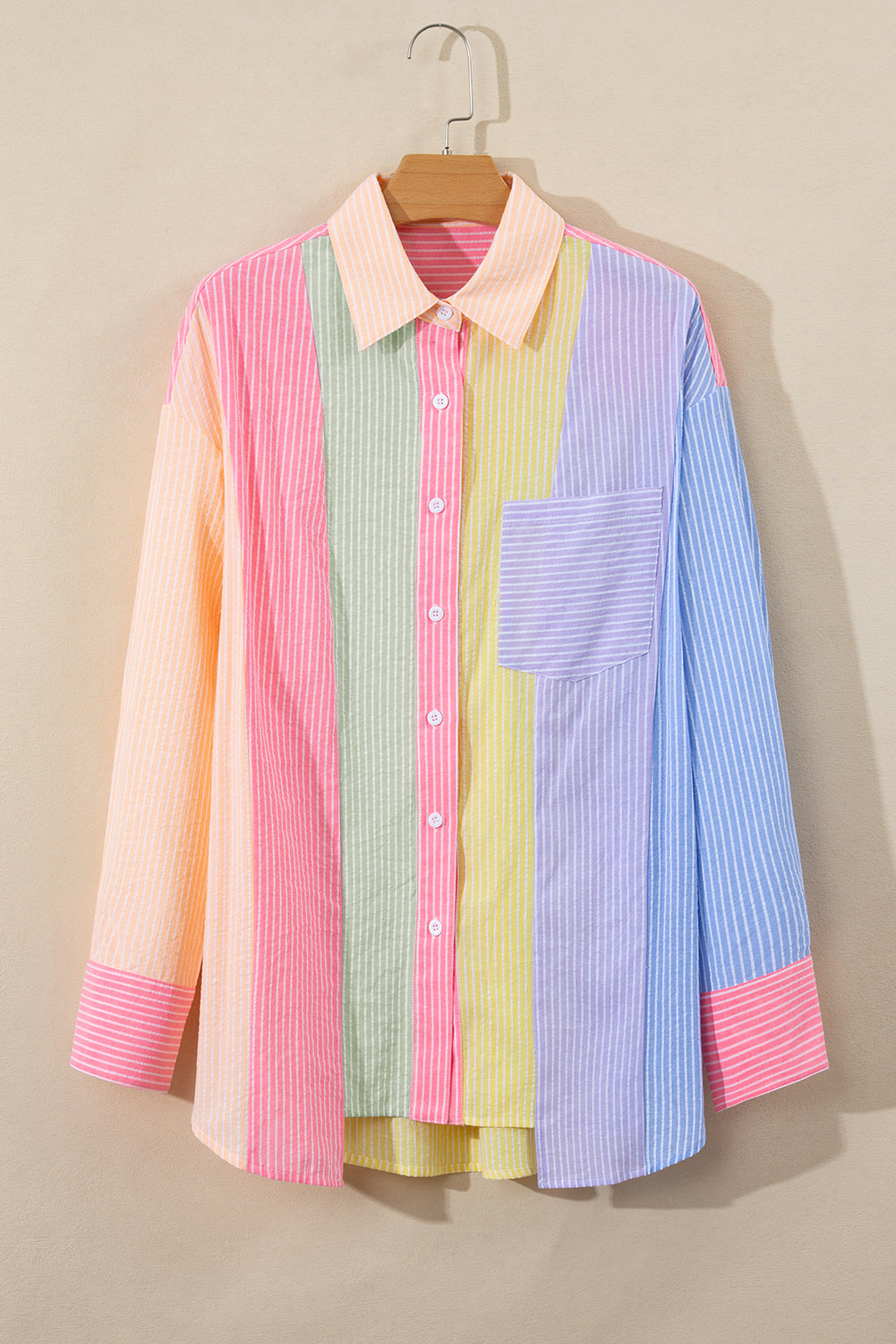 Pink Stripe Color Block Buttoned Oversized Shirt