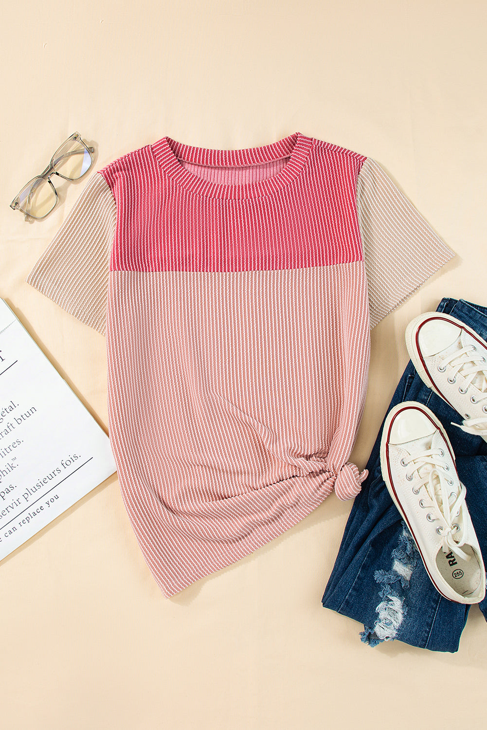 Pink Crinkle Rib Textured Colorblock T Shirt