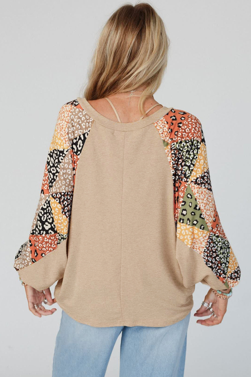 Parchment Leopard Patchwork Lantern Sleeve V Neck Loose Top