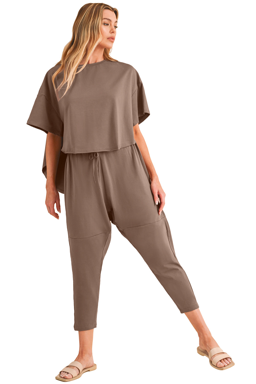 Taupe Batwing Sleeve High Low Tee and Drawstring Crop Pants Set