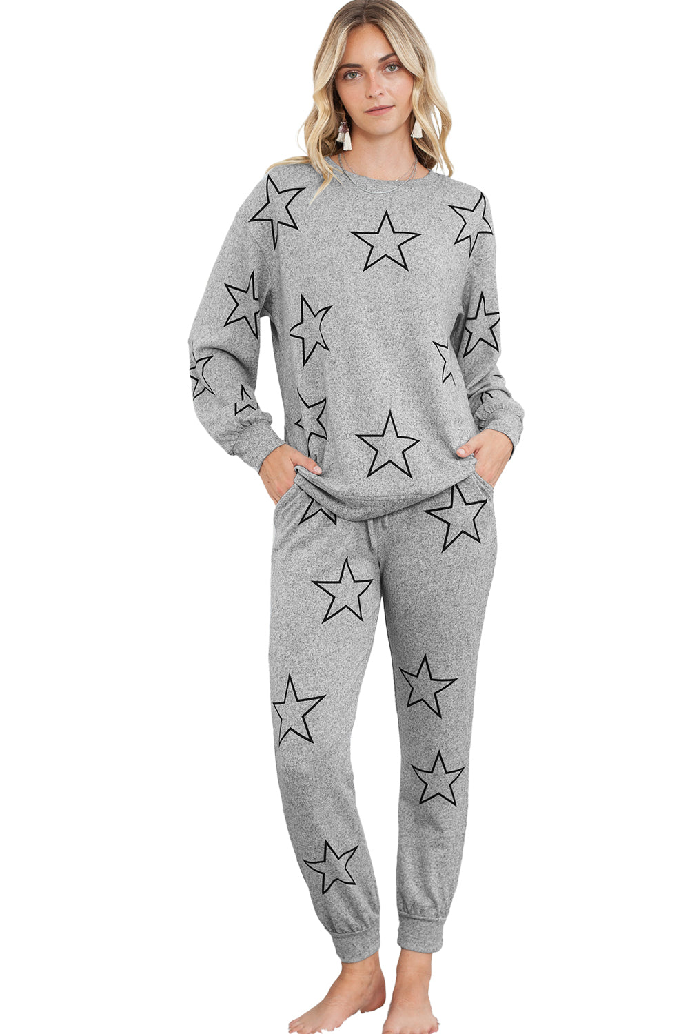 Gray Stars Print Long Sleeve Top and Drawstring Pants Set