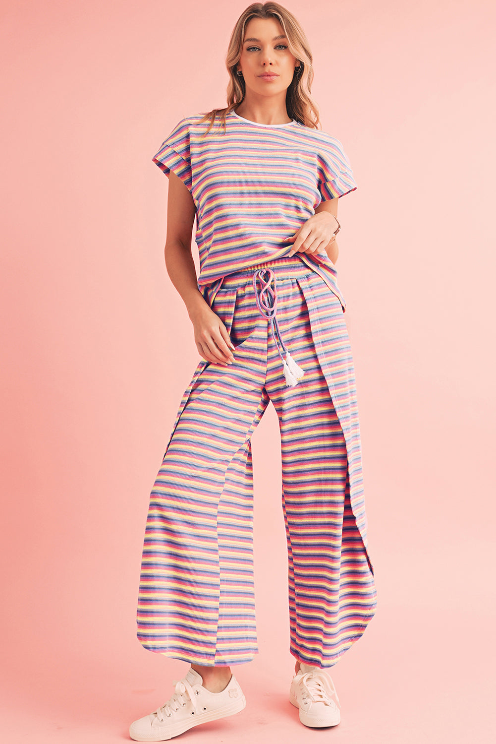 Black Stripe Rainbow Tee and Tassel Drawstring Wide Leg Pants Set