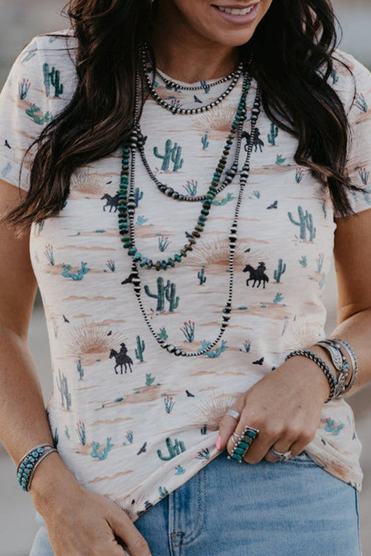 Beige Cactus Print Crew Neck Short Sleeve Top