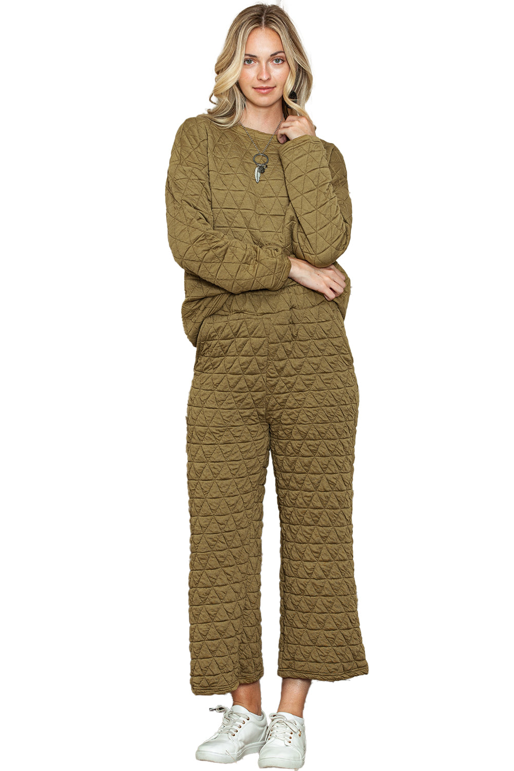 Green Solid Color Quilted Long Sleeve Top and Wide Leg Pants Set