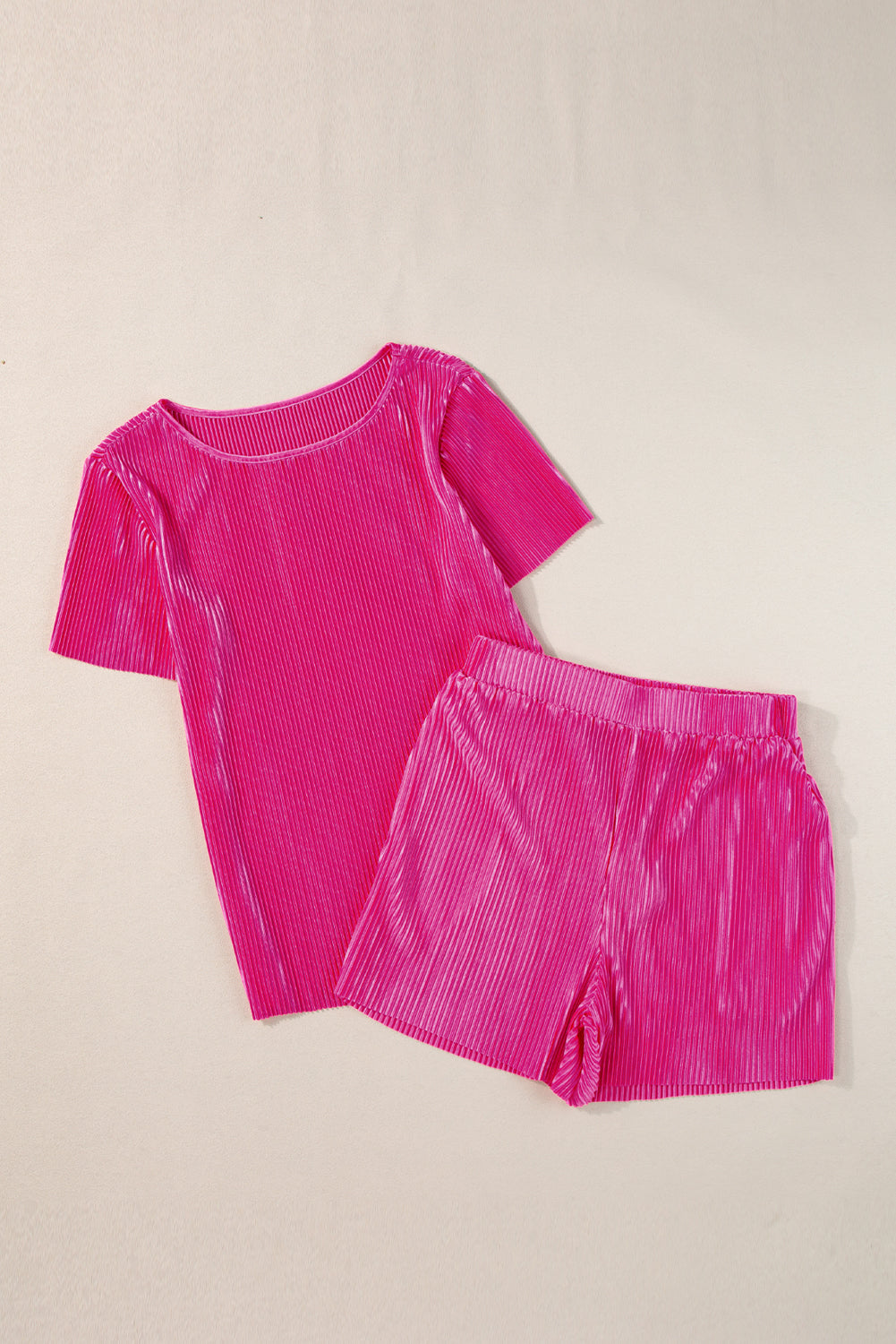 Bright Pink Ribbed Pleated Tee and Pocketed Shorts Set