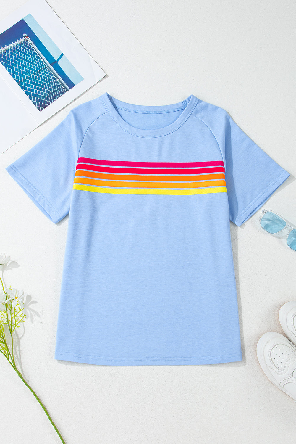 Beau Blue Colorful Striped Casual Tee