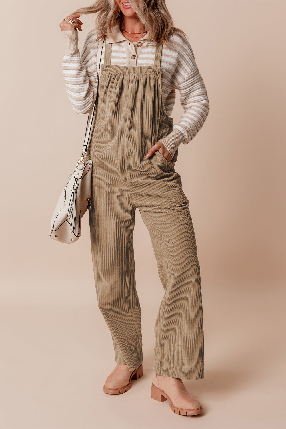 Jungle Green Plain Pocketed Loose Fit Corduroy Overalls