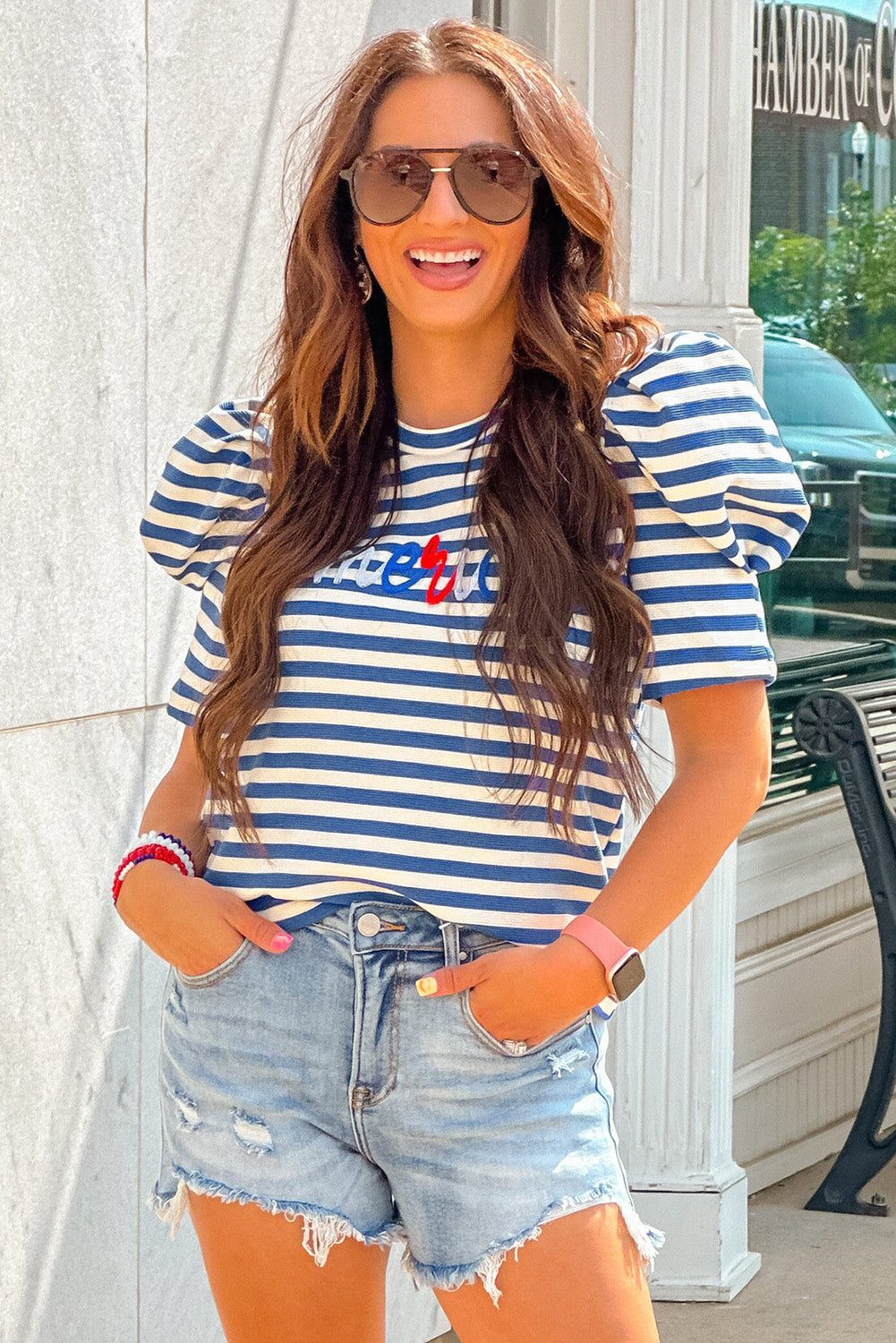 Blue Stripe america Letter Print Puff Sleeve T-shirt