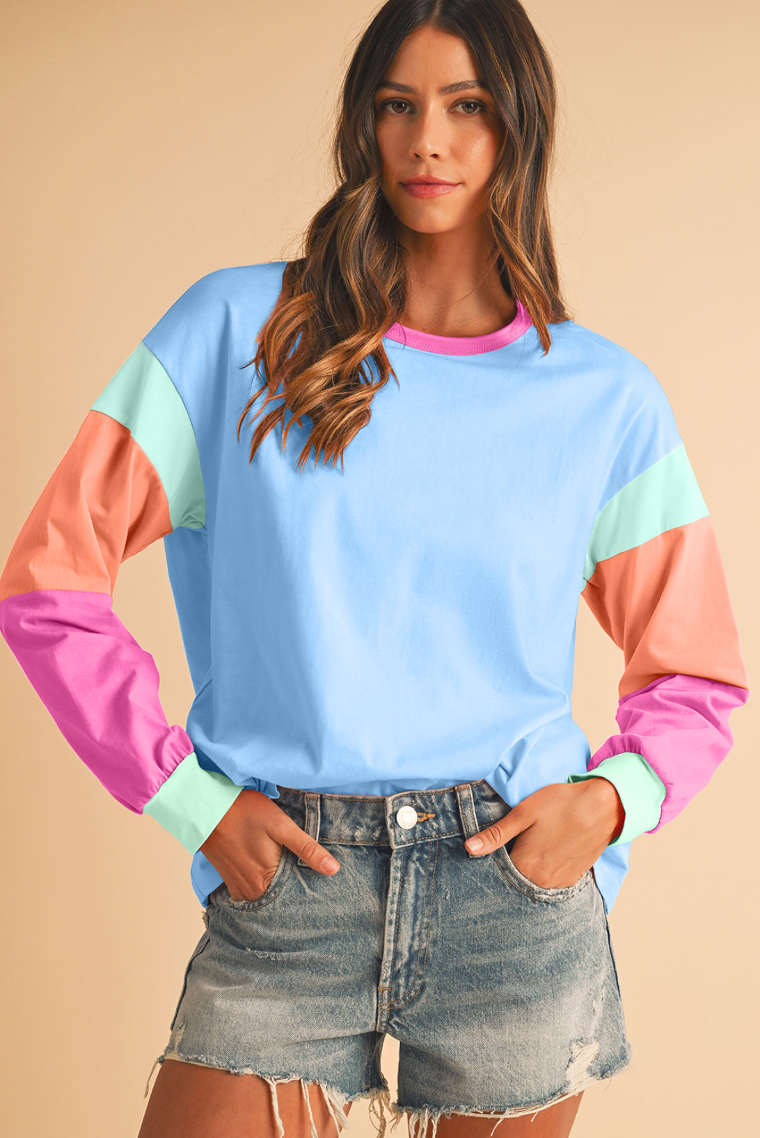 Dark Blue Color Block Sleeve Loose Fit Top