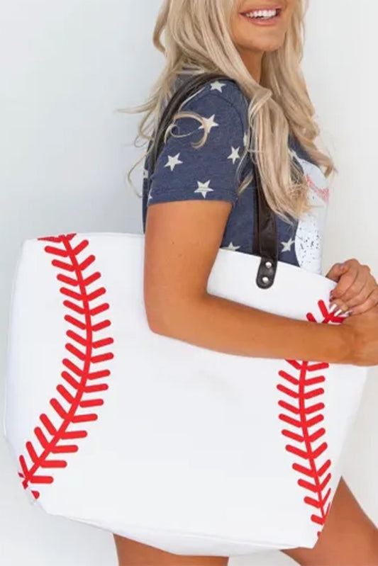 White Baseball Pattern Canvas Large Tote Bag