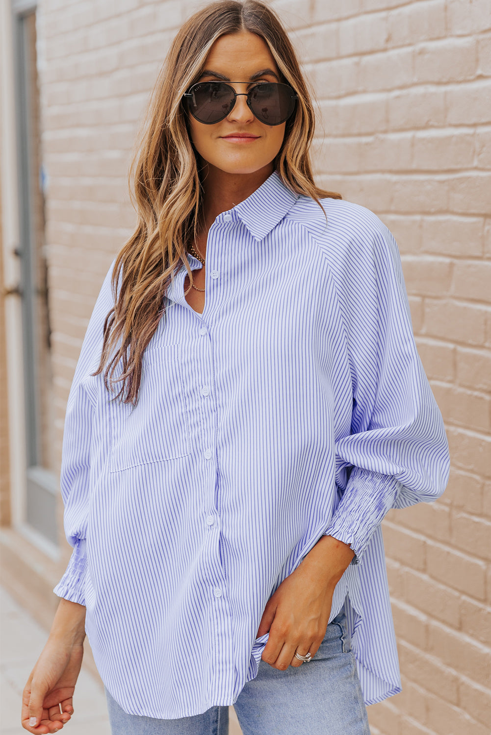 Pink Striped Casual Shirred Cuffs Shirt