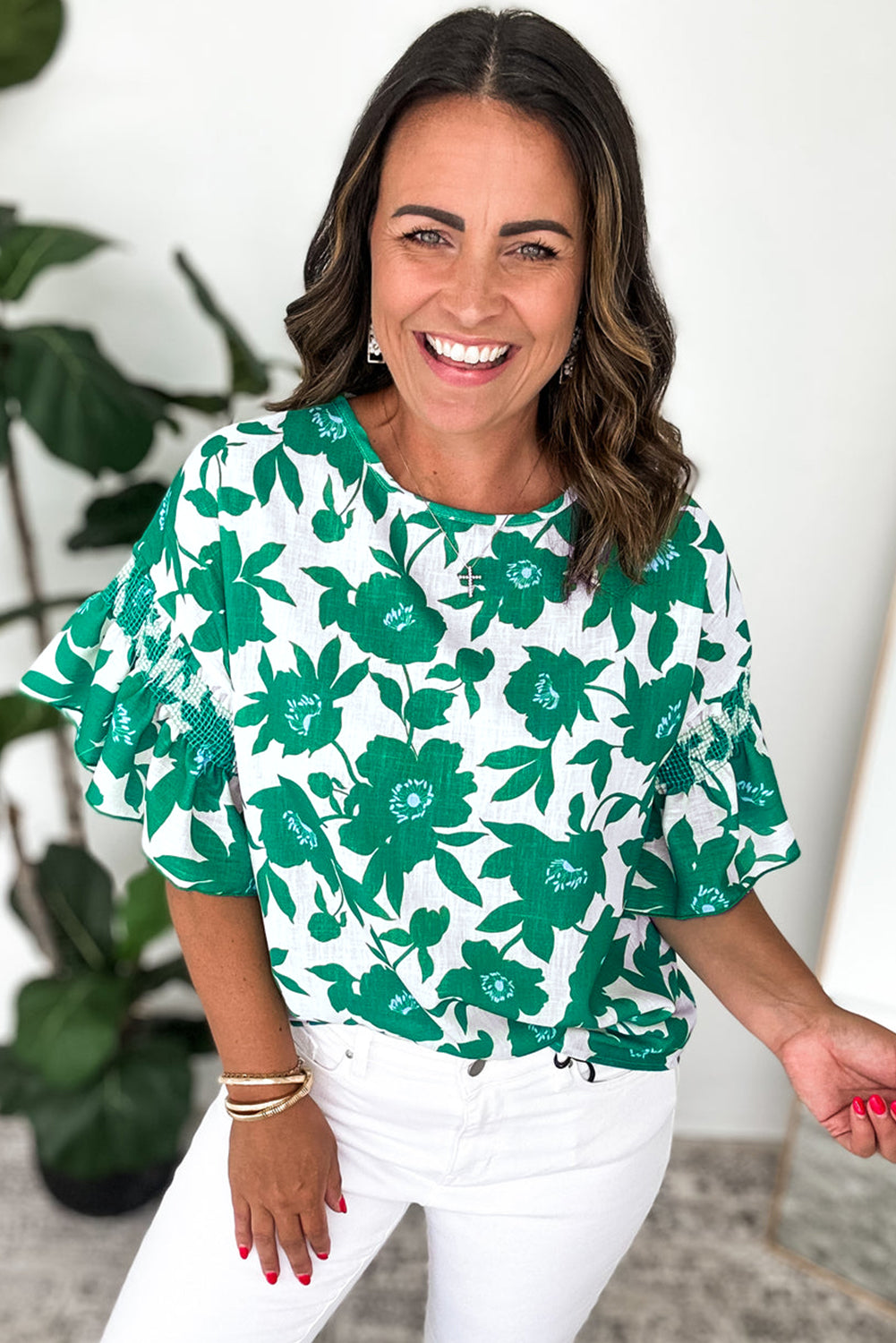 Green Floral Print Ruffle Short Sleeve Loose Blouse