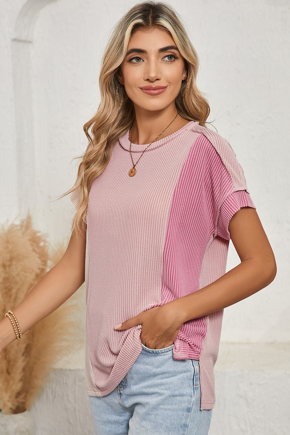 Pink Crinkle Rib Textured Colorblock Round Neck T Shirt