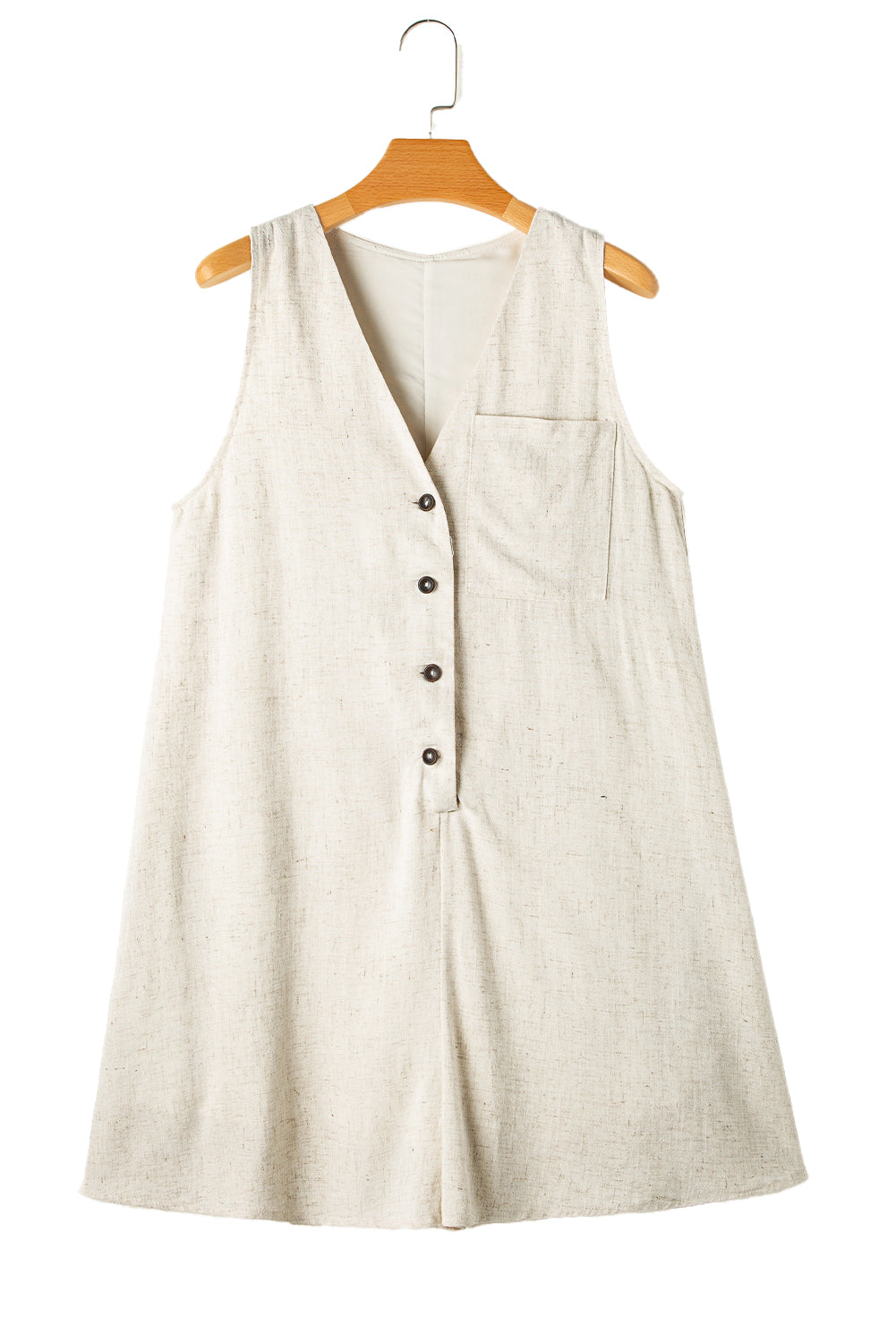 Beige V Neck Buttoned Front Chest Pocket Sleeveless Romper