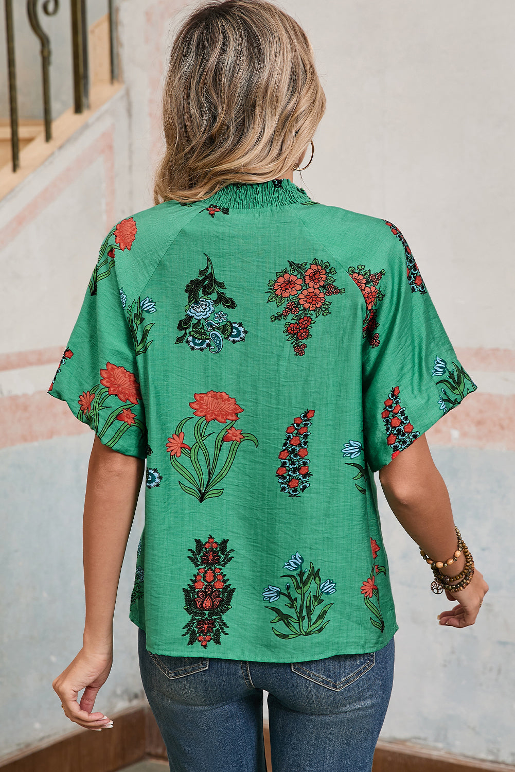 Bright Green Floral Button V-Neck Blouse