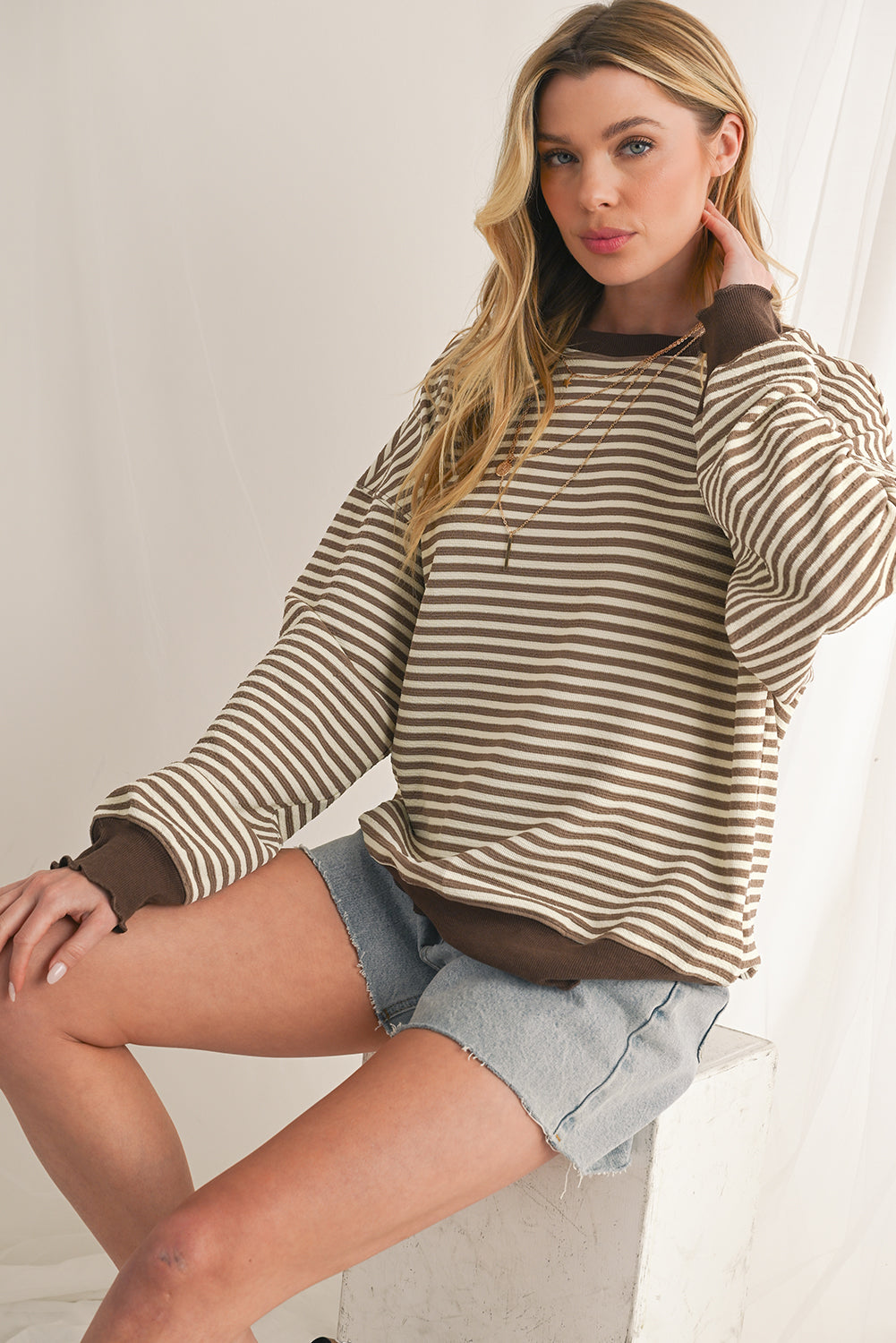 Pink Stripe Drop Shoulder Long Sleeve Top