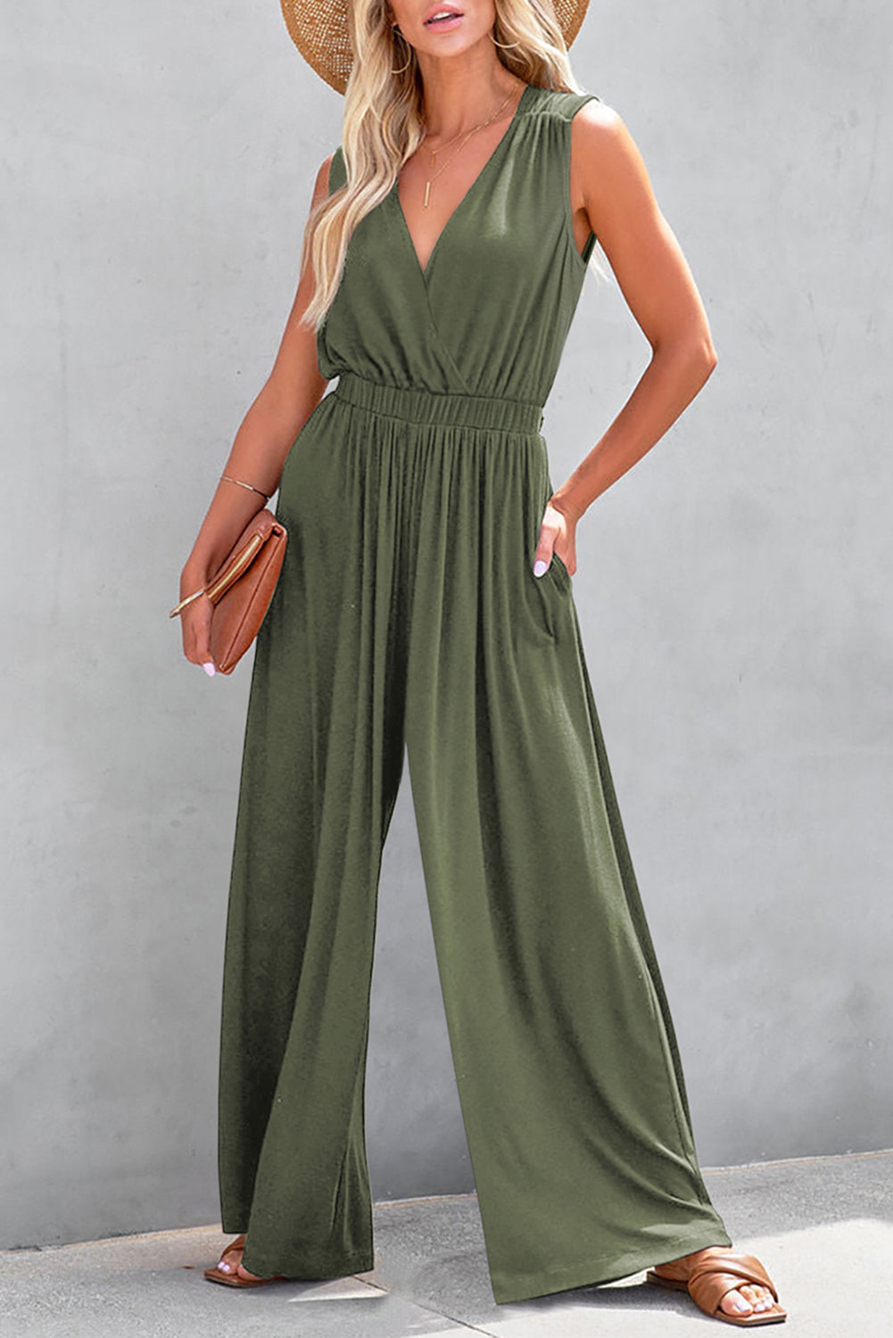 Black Deep V Pocketed Pleated Wide Leg Jumpsuit