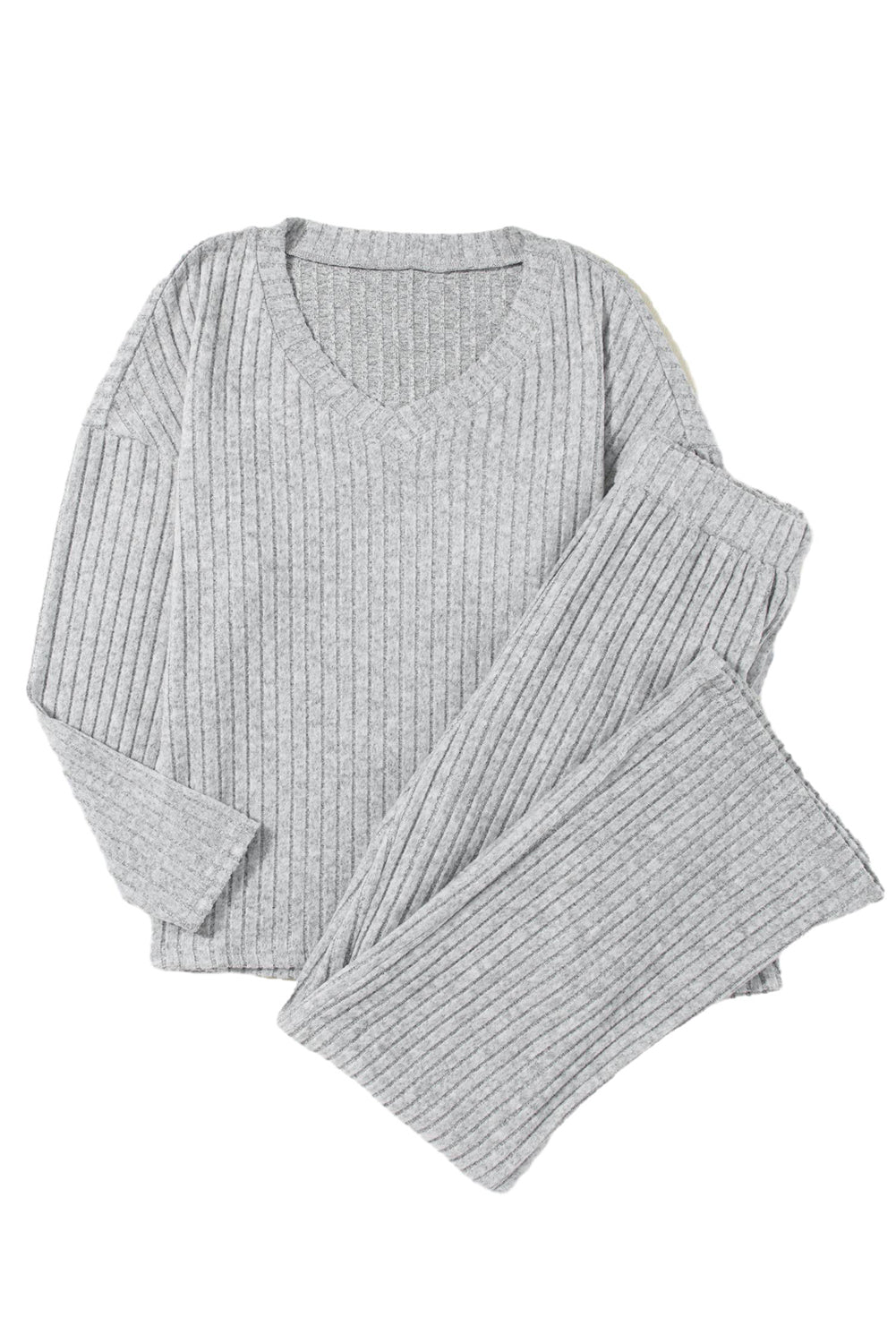 Light Grey Slouchy Ribbed Knit V Neck Top & Pants Loungewear Set