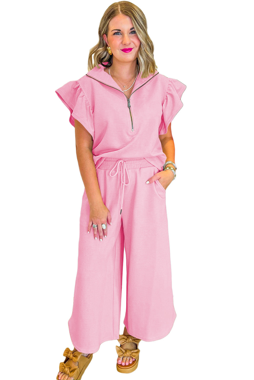 Pink Textured Ruffle Sleeve Zipped Top and Wide Leg Pants Set