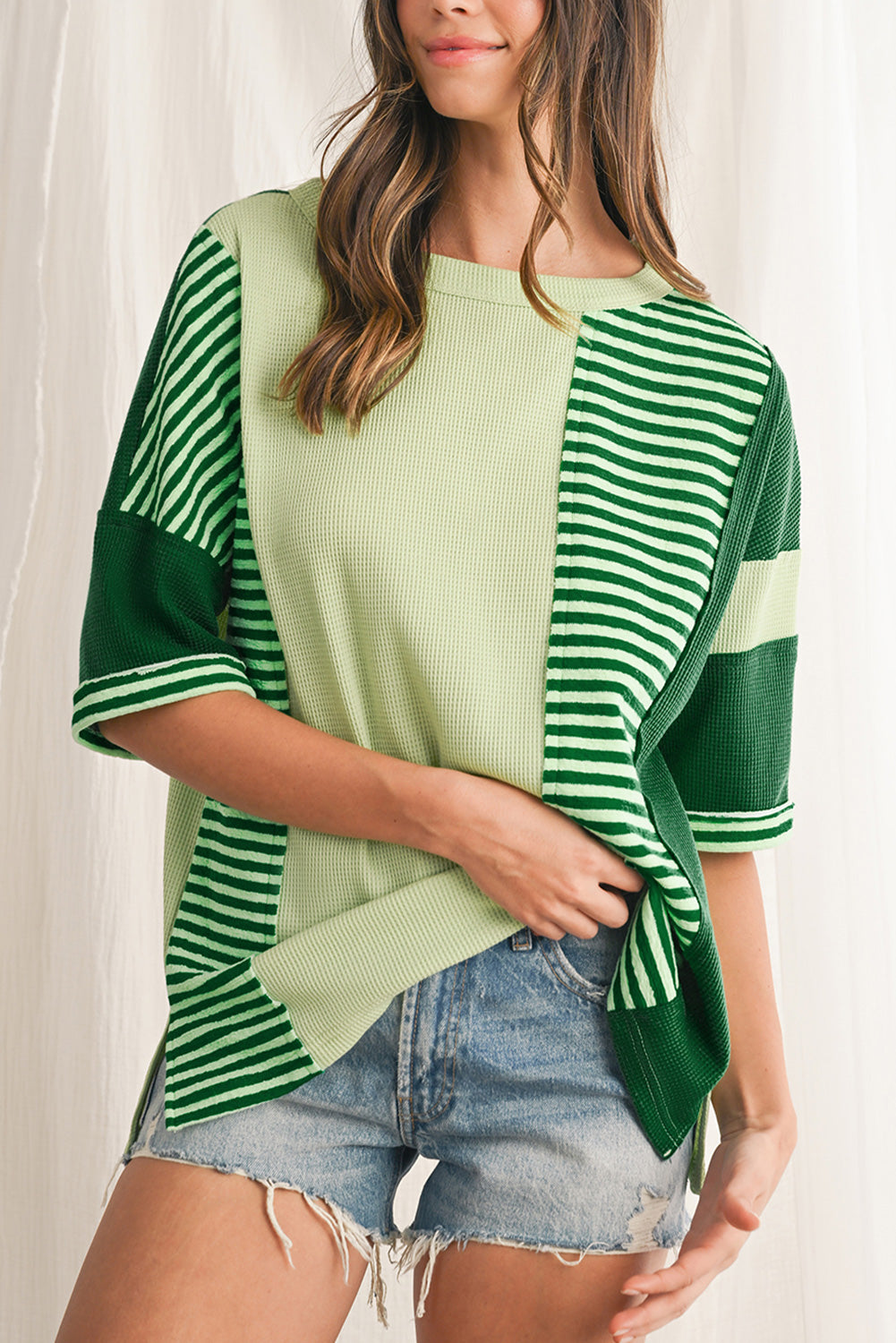 Mint Green Striped Patchwork Half Sleeve T Shirt