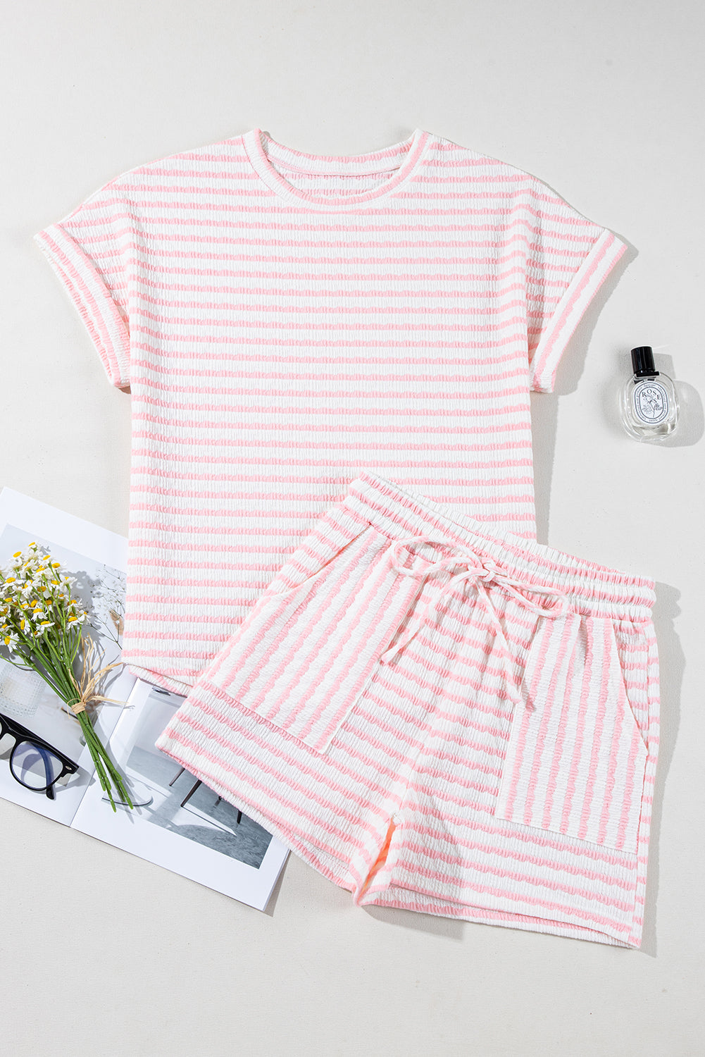 Pink Striped Print Short Sleeve Top and Pocket Shorts Set