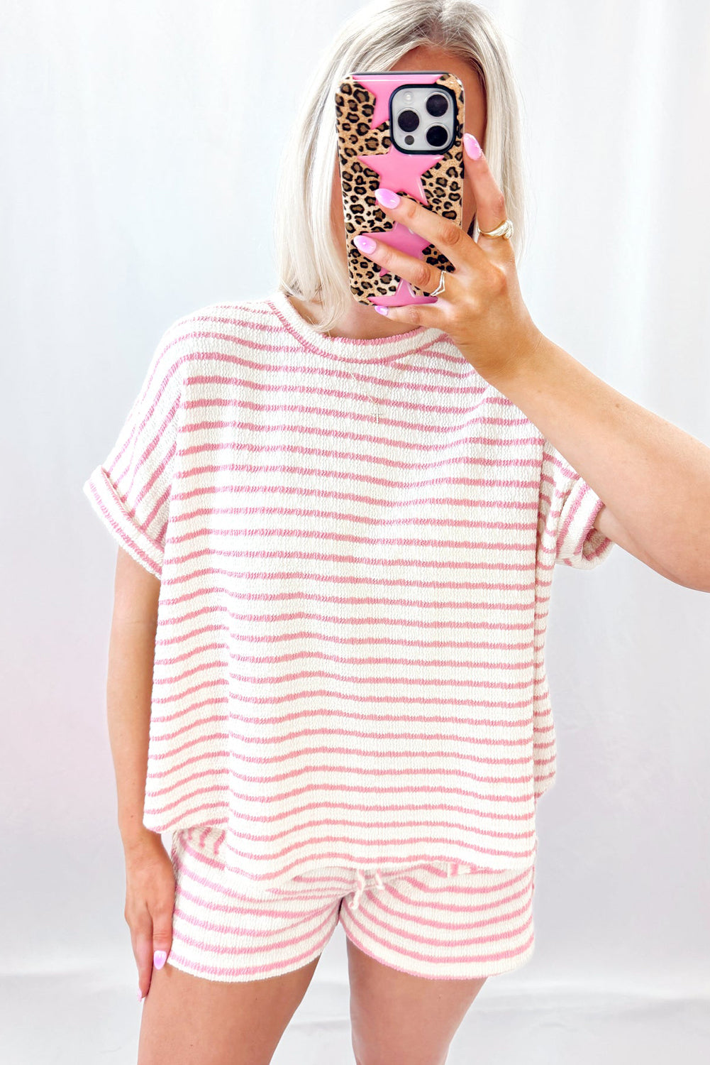 Pink Striped Print Short Sleeve Top and Pocket Shorts Set