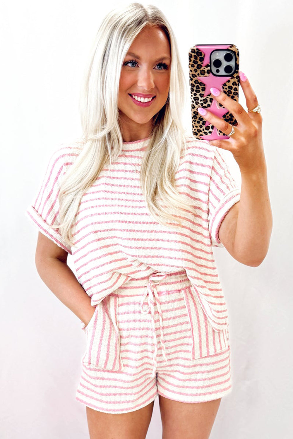 Pink Striped Print Short Sleeve Top and Pocket Shorts Set