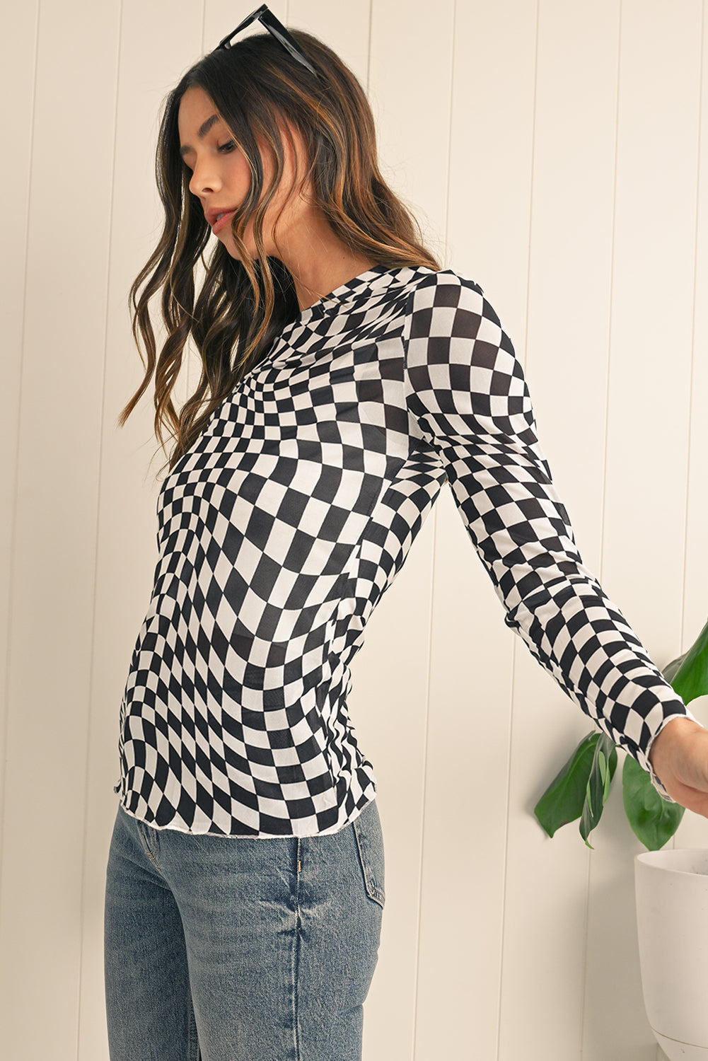 Black Checkered Pattern Mesh Long Sleeve Top