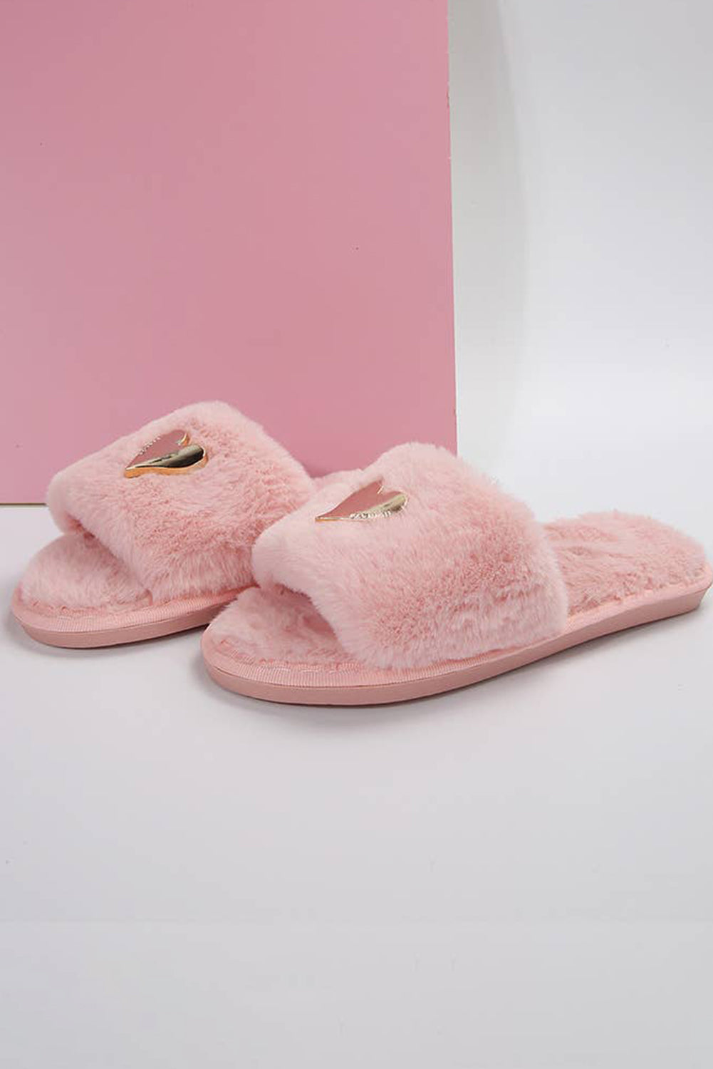 Pink Heart Open Toe Plush Slippers