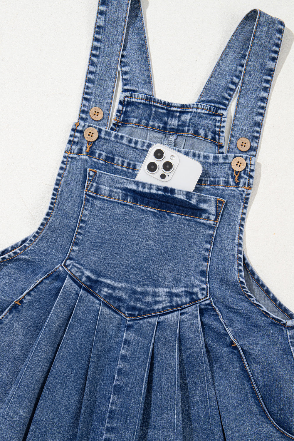 Light Blue Mineral Wash Button Straps Wide Leg Denim Overalls