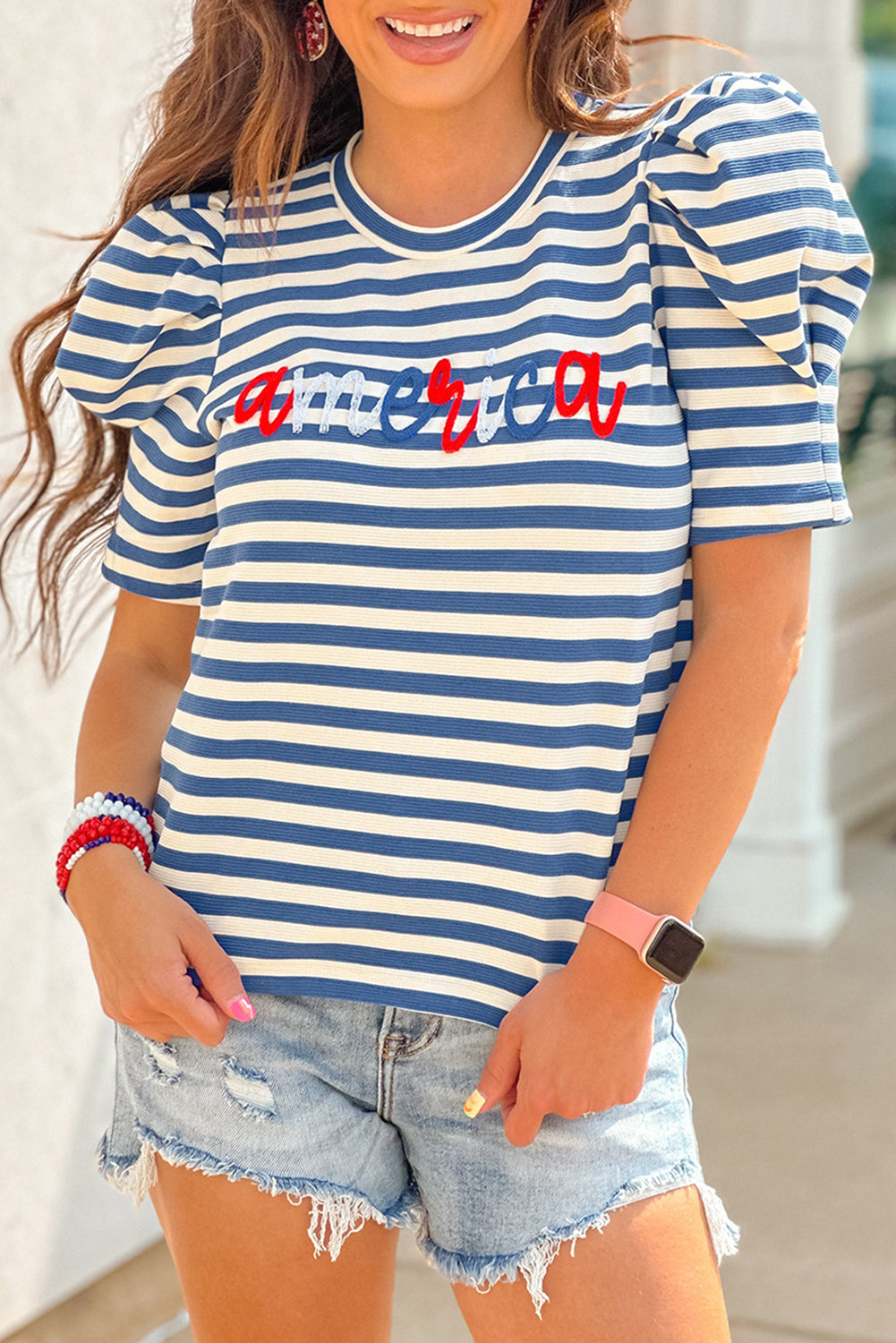 Blue Stripe america Letter Print Puff Sleeve T-shirt