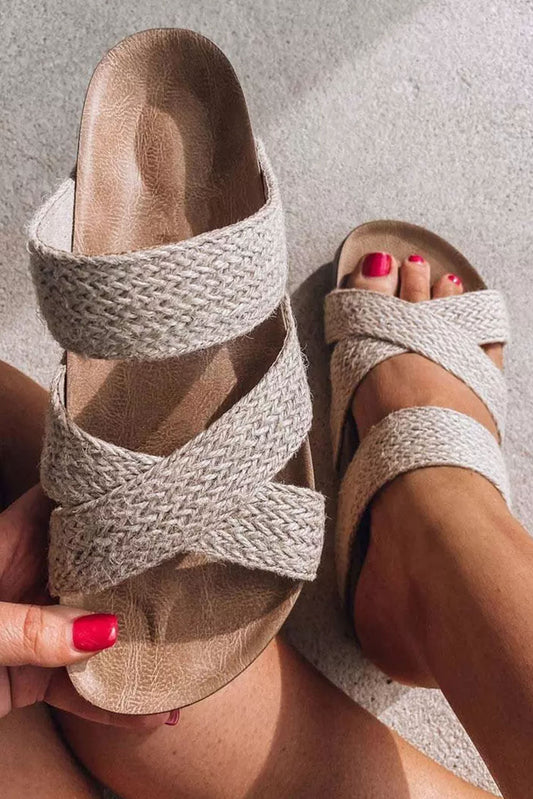 Beige Woven Criss Cross Strap Platform Slides Shoes