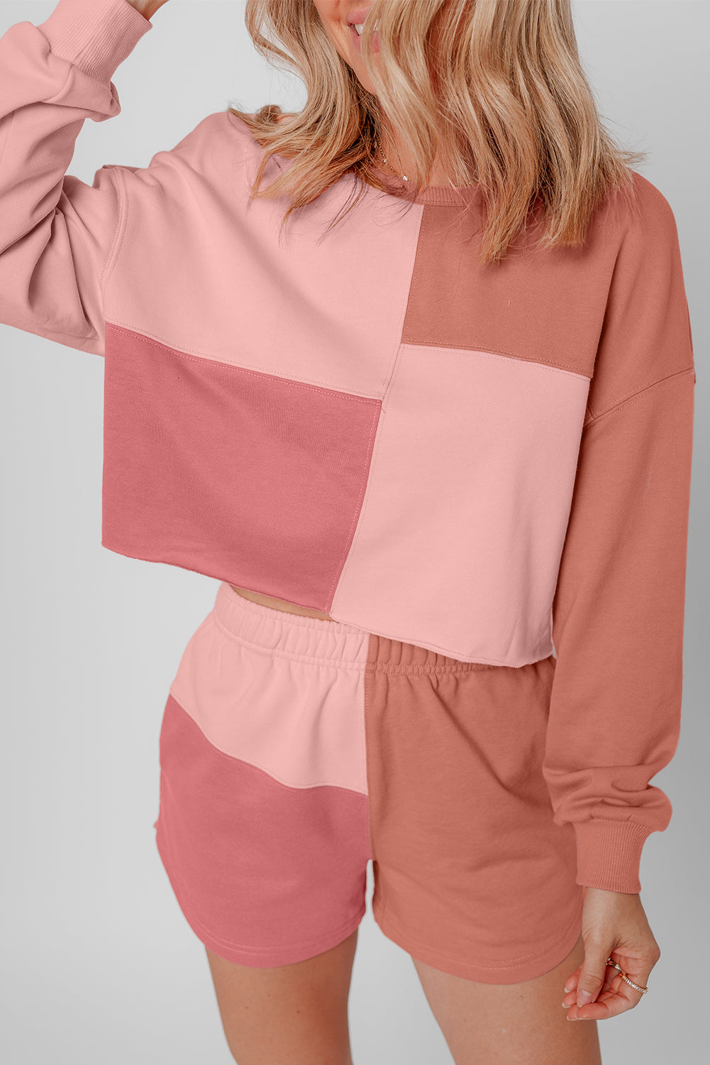 Peach Blossom Colorblock Long Sleeve Top & Pocketed Shorts Set