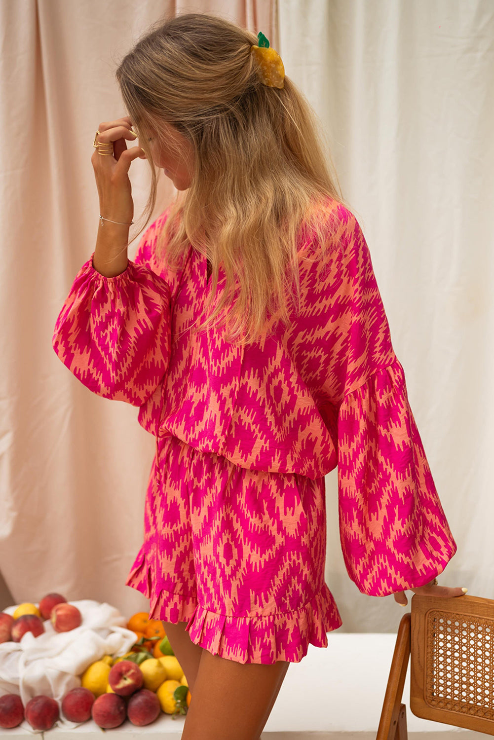 Rose Geometric Print Long Sleeve Top and Ruffled Shorts Set