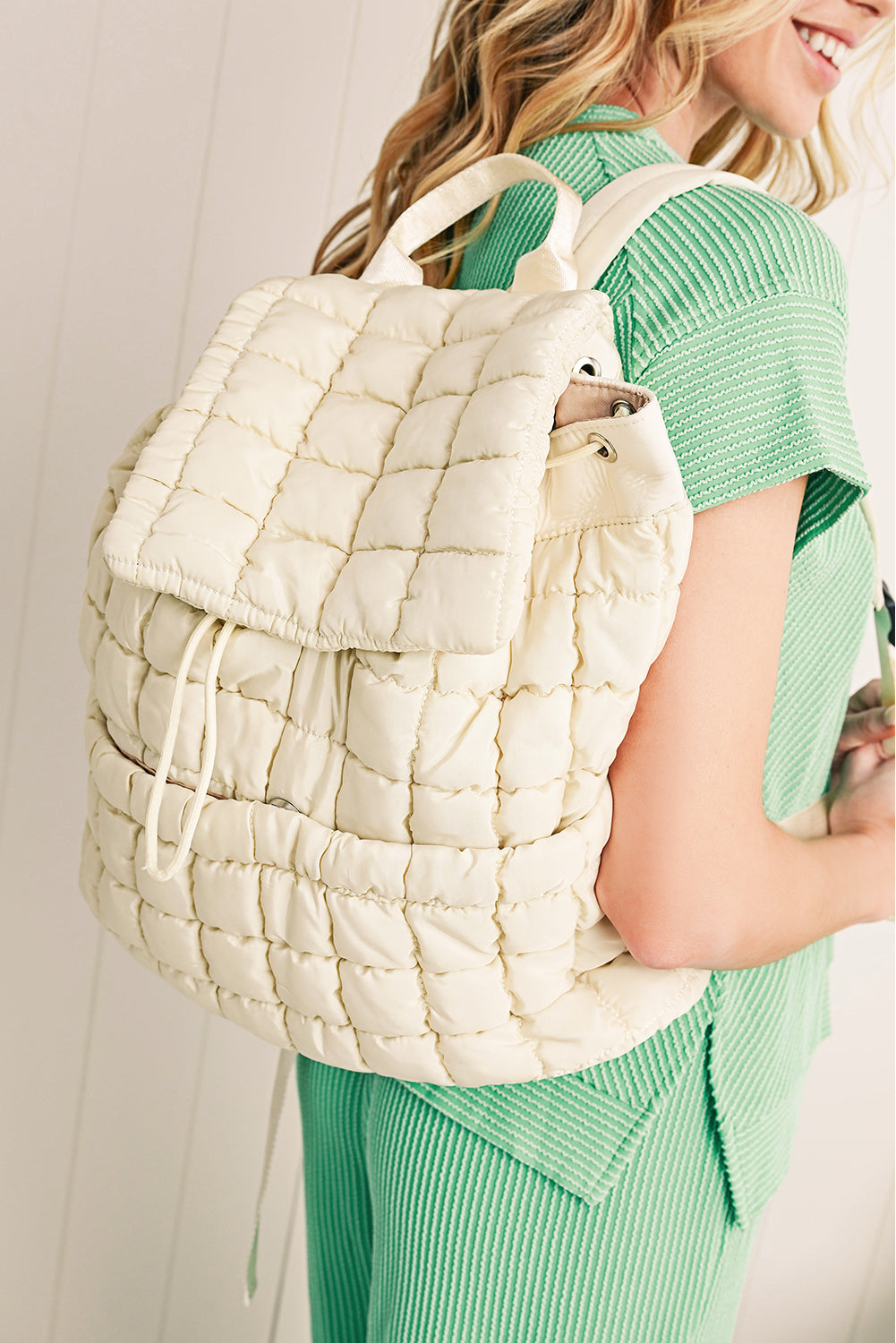 Coffee Solid Flapped Quilted Puffer Backpack